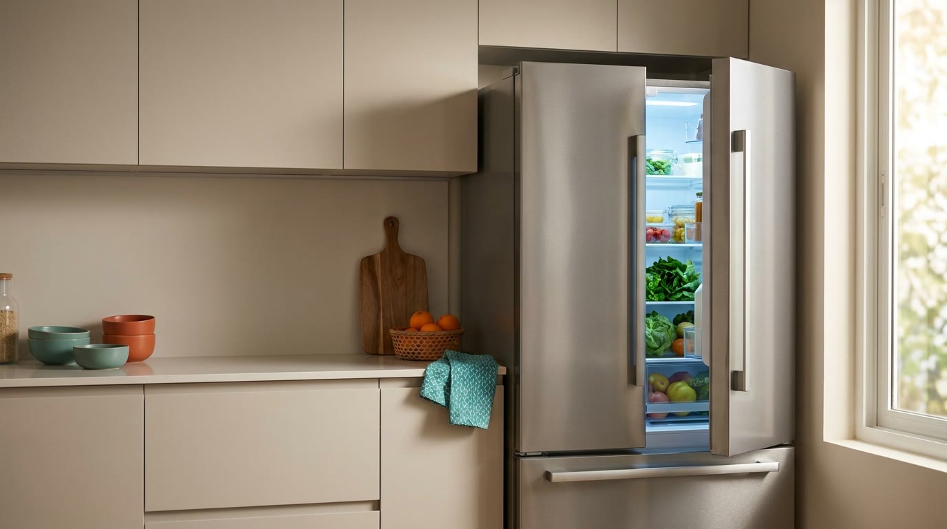 Stainless steel side-by-side refrigerator in a bright modern kitchen