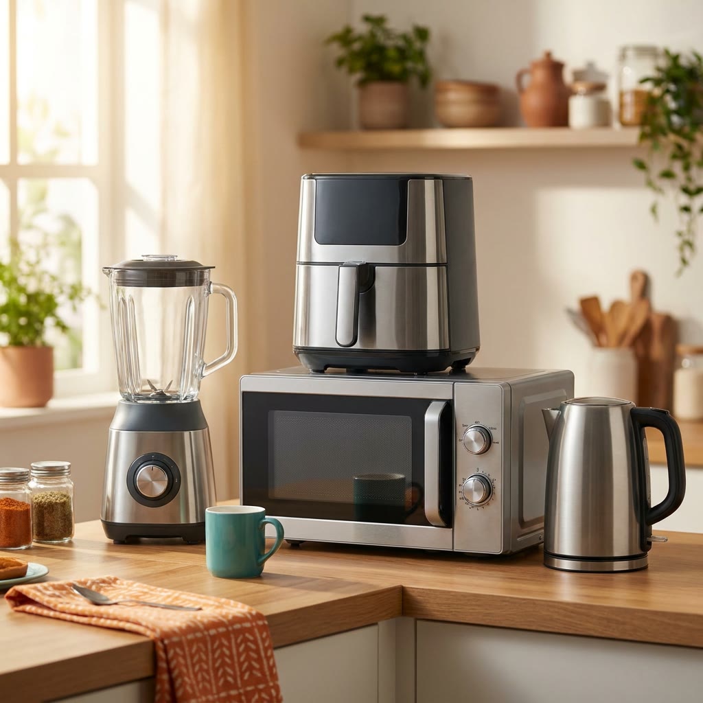 Air fryer and mixer grinder arranged on a kitchen countertop